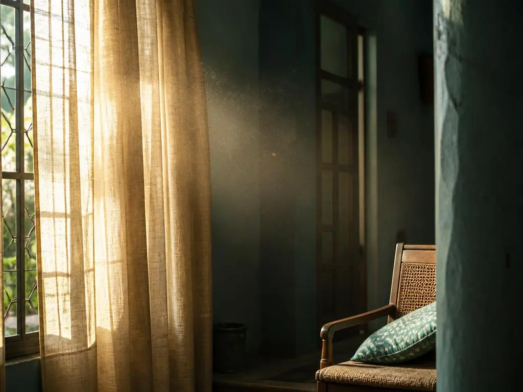Sunlight falling through household curtains