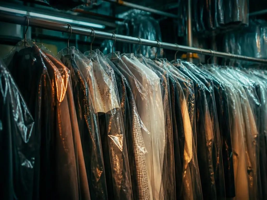 Garments in protective covers on a dry cleaning rail