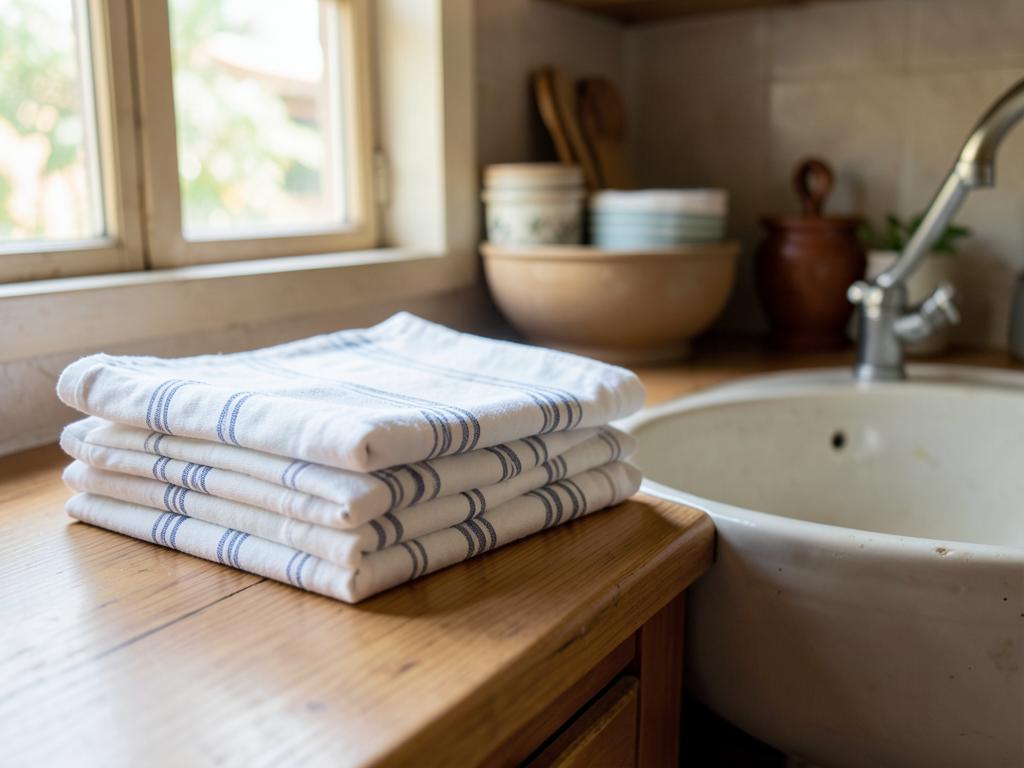 Folded cotton kitchen towels and linen on a wooden counter