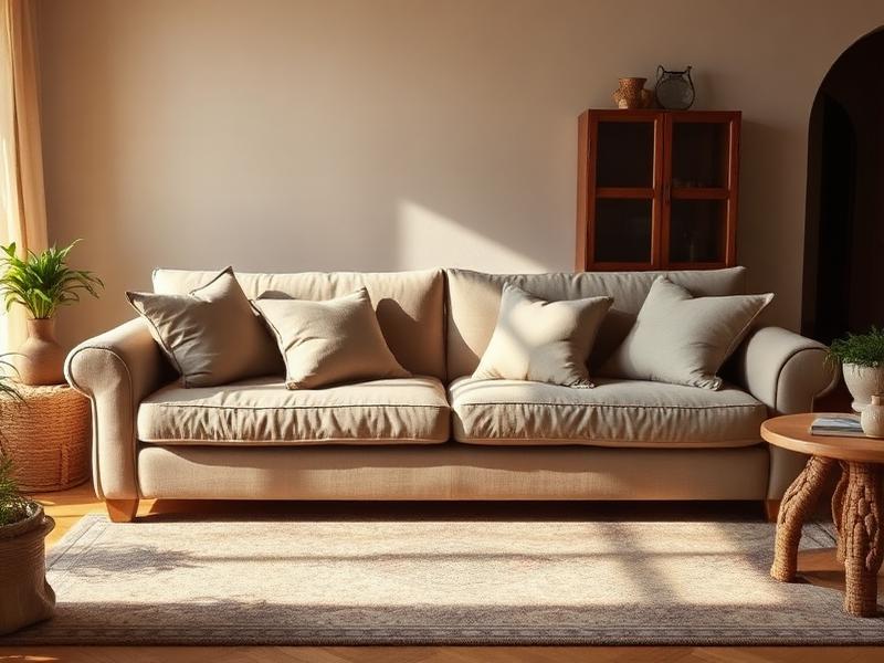 Fabric sofa with linen cushions in a living room