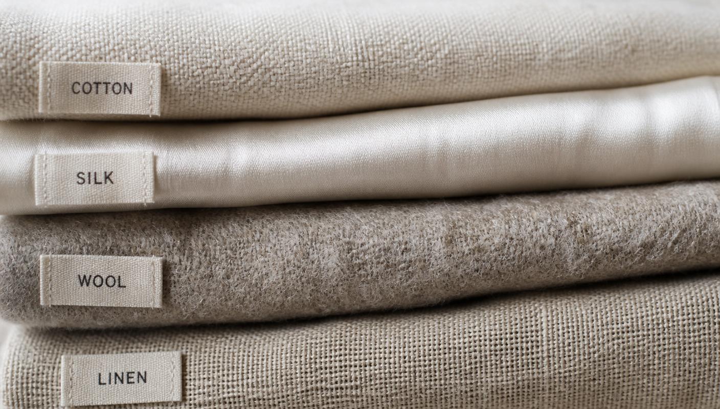 Folded swatches of cotton, silk, wool and linen