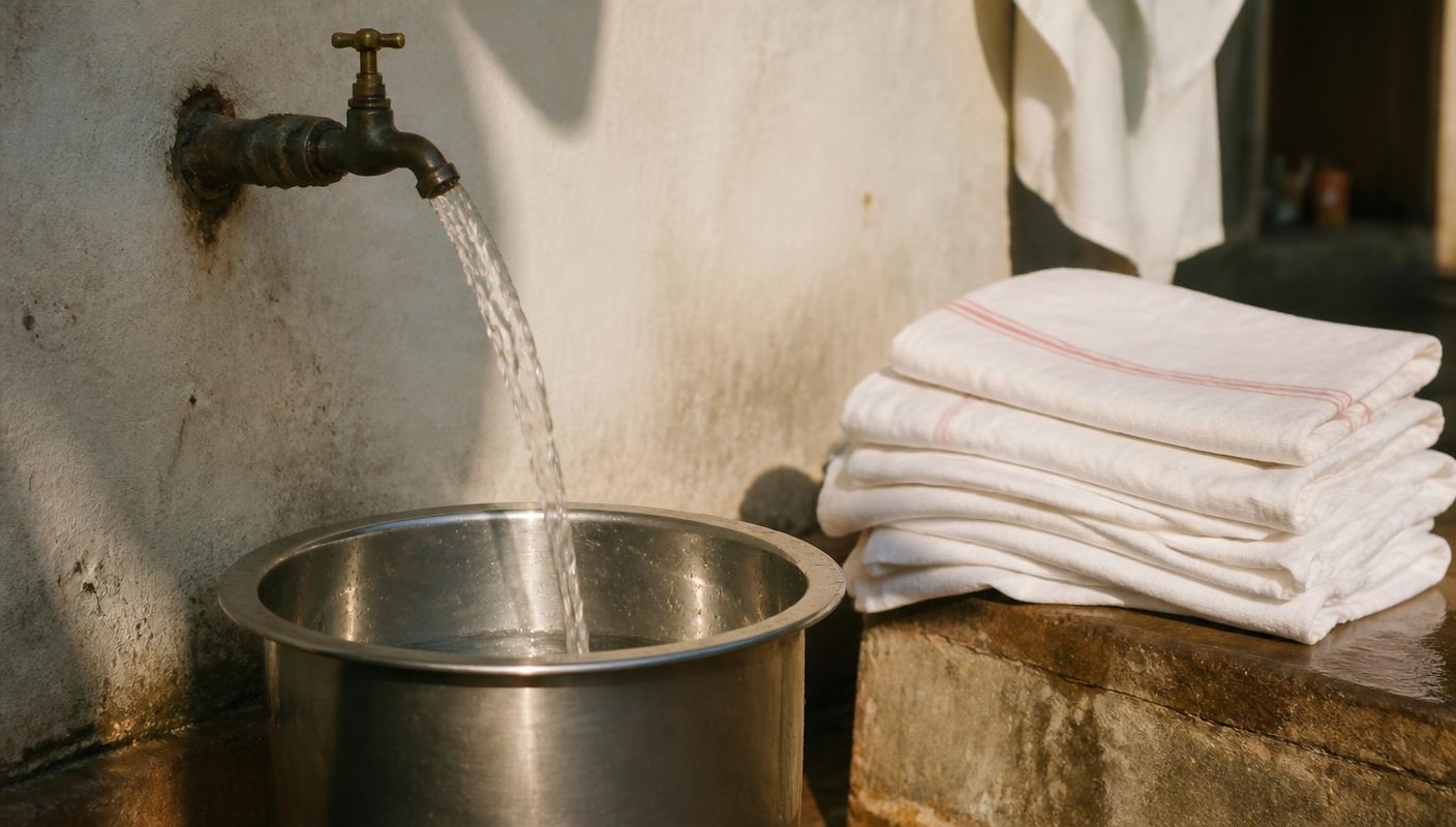 Water running from a tap into a steel vessel beside folded laundry